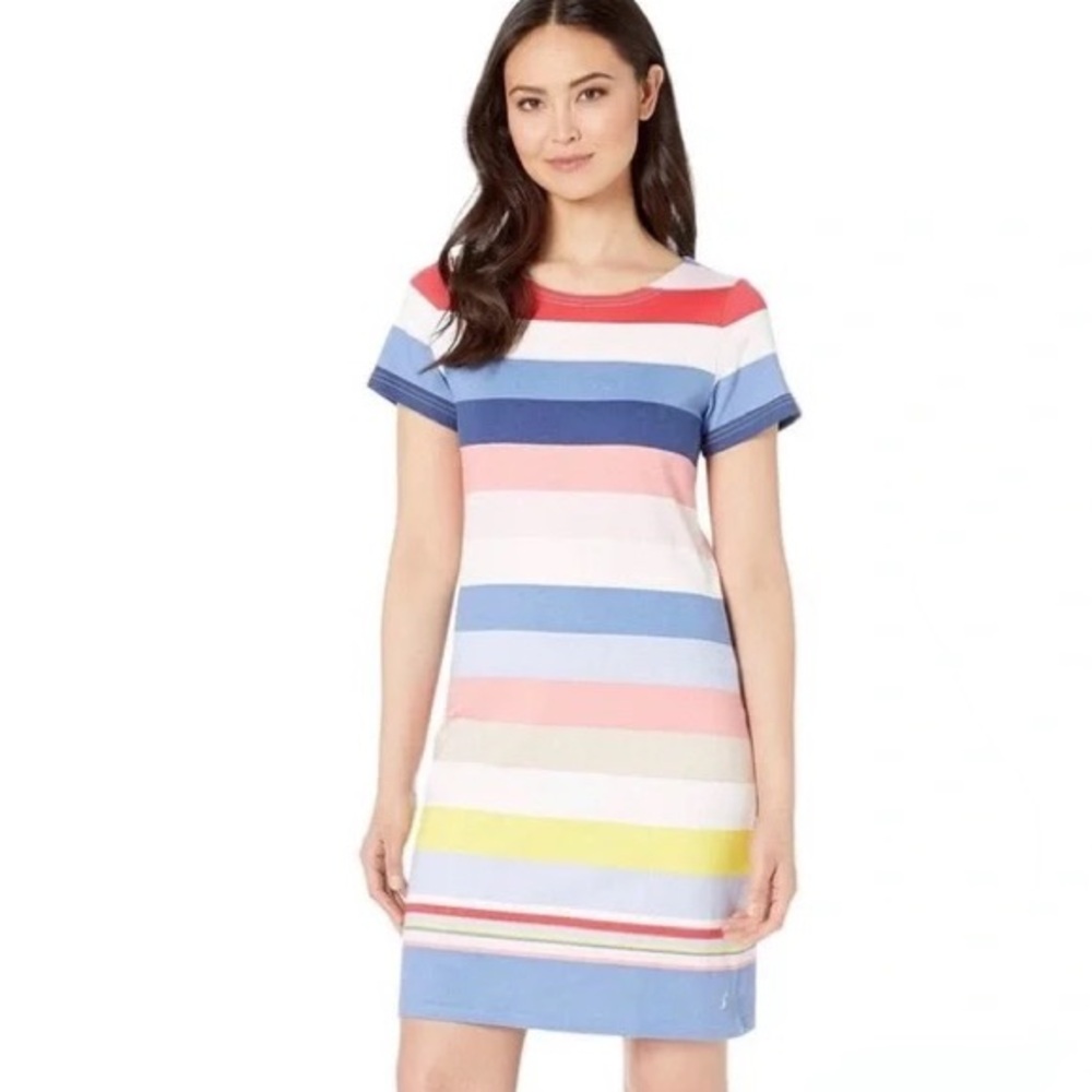 Joules Riviera dress in blue multi stripe cotton rainbow t-shirt dress size 8